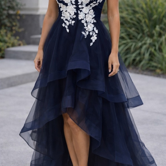 BCBGMaxAzria Dresses & Skirts - BCBGMaxAzria Navy Blue Dress with White Floral Accents size 10 NWT